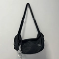 Large black nylon crossbody fitness bag with adjustable strap and checkered charm - Black with Checkerboard Twist Knot Pendant / Black + Knot