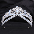 Detailed view of silver bridal crown with pale blue crystals on black fabric background - H1369 Silver White + Blue Opal