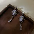 Vintage water drop zirconia earrings with silver needles and intricate hollow carvings - 17# Silver Earring Post - Silver