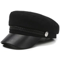 Detail view of the black newsboy cap featuring wool-like fabric and textured PU leather brim - One Size 58cm / Woolen Flat Top Double Strip Style