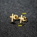 Macro view of golden cross stud earrings with 8mm by 5mm product dimensions - Cross / Gold