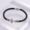 Men's black braided leather bracelet with silver anchor and magnetic clasp on stand - Black
