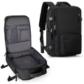 Detail view of large capacity travel backpack showing organized interior compartments - Black