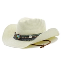 Détail d'un chapeau de cowboy en paille bohème avec perles turquoise et pompons - M (56-58cm) / Blanc Cassé