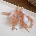 Bohemian gold sphere earrings with peach and white feather tassels on textured background - Peach White Two-Tone Spliced Feather Drop Earrings (27#)