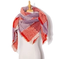 Red and purple plaid knit triangle scarf with soft fringe trim on a mannequin - Bright Red Plaid