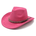 Macro shot of hot pink suede cowboy hat featuring brown leather braided trim band - M(56-58cm) / Rose Red (Suede)