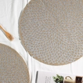 Round beige jute placemat with silver geometric patterns and natural fringe edges - 38cm / Silver Lotus