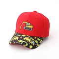 Detail of kids baseball cap featuring excavator embroidery and construction print brim - 52CM (2-6 Years) / Red