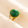Macro detail of a vintage gold ring featuring a green striped malachite round gemstone - Adjustable Open / Gold-Green Stone