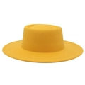 Close-up detail of a yellow wool felt boater hat featuring a flat top and wide brim design - Adult (57-60cm) / Yellow