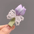 Handmade purple tulip ribbon hair clip with white pearl bow and green fabric base - Purple Tulip Hair Clip