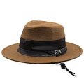 Brown woven fedora sun hat with black mesh vent and faux leather trim for outdoor use - M(56-58cm) / Coffee