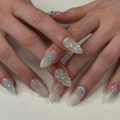 3D blue marble press-on nails with 3D bows, floral accents and shimmering water drop details - 3D Bow Blue Gradient Style - With Glue (JP3425)