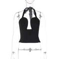 Fashionable black halter neck cropped vest with deep U-neck cutout and fitted design - S / Black
