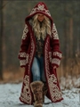 Long dark red hooded knit cardigan featuring beige Celtic knot patterns in a snowy forest - 3XL / Dark Red Celtic Knot (RW-JLCKS-1905)