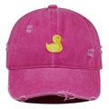 Close-up of duck embroidery and distressed holes on rose red washed cotton baseball cap - One Size / Rose Red