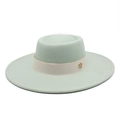 Close-up of mint green wool fedora with beige silk band and gold metal logo buckle - M (56-58cm) / Mint Green