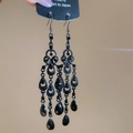 Detail of vintage black hollow teardrop crystal drop earrings in baroque style - Black Vintage Style / Black