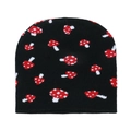 Black knitted beanie with red and white mushroom pattern embroidery for winter warmth - Mushroom (C)