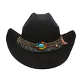 Klassischer schwarzer Cowboyhut mit Boho-Türkisband und bunten Quasten - Einheitsgröße / Schwarz