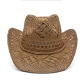 Detail of a brown straw cowboy hat featuring geometric hollow ventilation patterns - Khaki