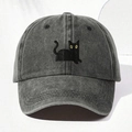 Berretto da baseball in denim lavato grigio con ricamo di gatto nero e occhi gialli - Taglia unica / Nero