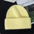 Detailed close-up of light yellow thick knit rabbit hair warm winter hat texture - M (56-58cm) / Creamy Yellow