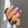 Unghie finte artistiche lunghe quadrate con motivi viso astratti e finitura rosa - Stile Opaco Viso Astratto (JP1433)