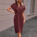 Elegant wine red V-neck midi dress with waist pleats and asymmetric drape design - S / Reddish Brown