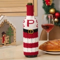 Knitted Christmas wine bottle cover with red collar and letter P design for holiday decor - Letter P