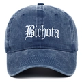 Vintage washed navy blue baseball cap featuring white BICHOTA embroidery on front - Navy Blue