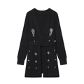 Women's black knit cardigan with white rhinestones and a waist tie on white background - S / Black