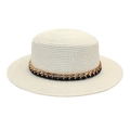 Canotier en paille tissée crème avec chaîne dorée décorative et ruban élégant - M (56-58cm) / Blanc pur