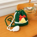 Handmade crochet Christmas reindeer bucket bag in green wool with white drawstring - Green Bell Style