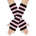 Close-up of pink and black striped knitted fingerless arm warmers on a model - One Size / Pink & Black Stripes