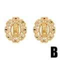 Boucles d'oreilles Vierge Marie dorées avec halo en zircon coloré sur fond blanc - Style B - Cadre Rond en Zirconia Coloré