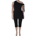 Close-up of the waist tie detail and slimming cut on this black one-shoulder jumpsuit - 0XL / Black