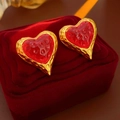 Detailed macro view of vintage gold heart earrings with red textured center in a velvet box - 12# Silver Earring Post - Red - Heart