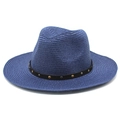 Dark blue straw fedora hat with studded black band and flat brim for outdoor sun protection - M(56-58cm) / Navy Blue