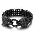 Men's punk matte black stainless steel woven bracelet with dual wolf head charms - Wolf Head / Black