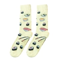 Detailed pattern of sushi and sashimi embroidery on high-quality yellow cotton crew socks - One Size / Pale Yellow Sushi (A1604)