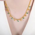 Chic gold star and moon necklace set with green enamel charms worn by a model - Necklace (P1498) / 40+5cm / Green