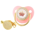 Detailed view of pink heart baby pacifier with gold crown rhinestones and matching chain - Gold Pink Crown