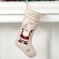 Ethnic style burlap Christmas stocking with Santa embroidery and Christmas JOY text - Burlap Santa Claus