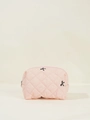 Pink quilted makeup bag with black embroidered bow pattern and zipper closure - Makeup Bag / Pink