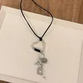 Collier corde noire avec mousqueton cœur, pendentif chien et perle en pierre tachetée - Collier-Noir-Argent