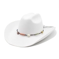 White wide brim felt cowboy hat with colorful braided band and geometric stone accents - M (56-59cm) / White