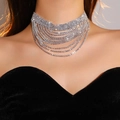 Luxury silver bridal choker set with multi-layer sparkling white rhinestones - Multi-Layer Pave Tassel Style (DTN16026061S-W)
