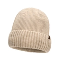 Beigefarbene Rippstrick-Beanie für Herren im Streetwear-Stil mit seitlichem Etikett - Einheitsgröße / Beige